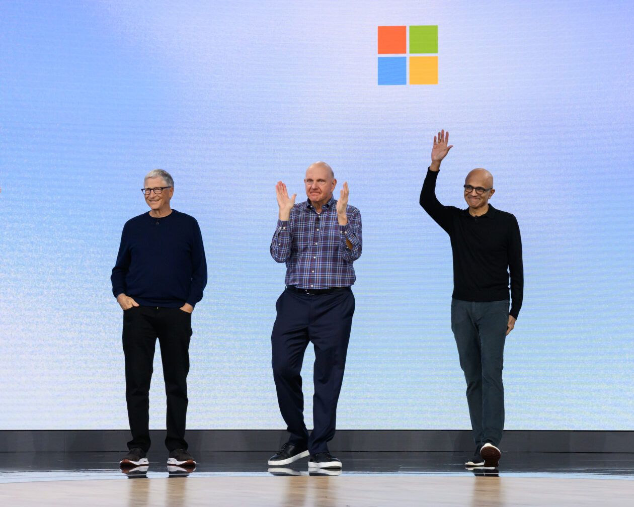 Bill Gates, Steve Ballmer, and Satya Nadella together on stage for the first time in 11 years at Microsoft 50th Birthday